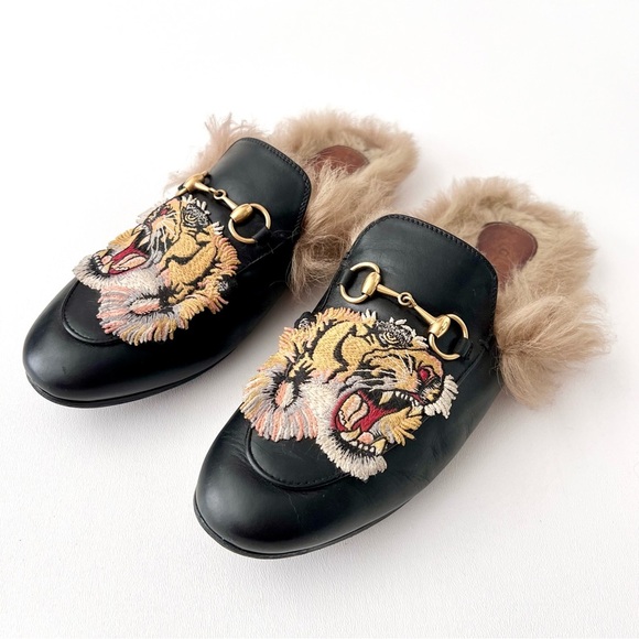 Gucci Shoes - GUCCI | Princetown Horsebit Fur Black Leather Tiger Loafers Mules Flats EU 36.5